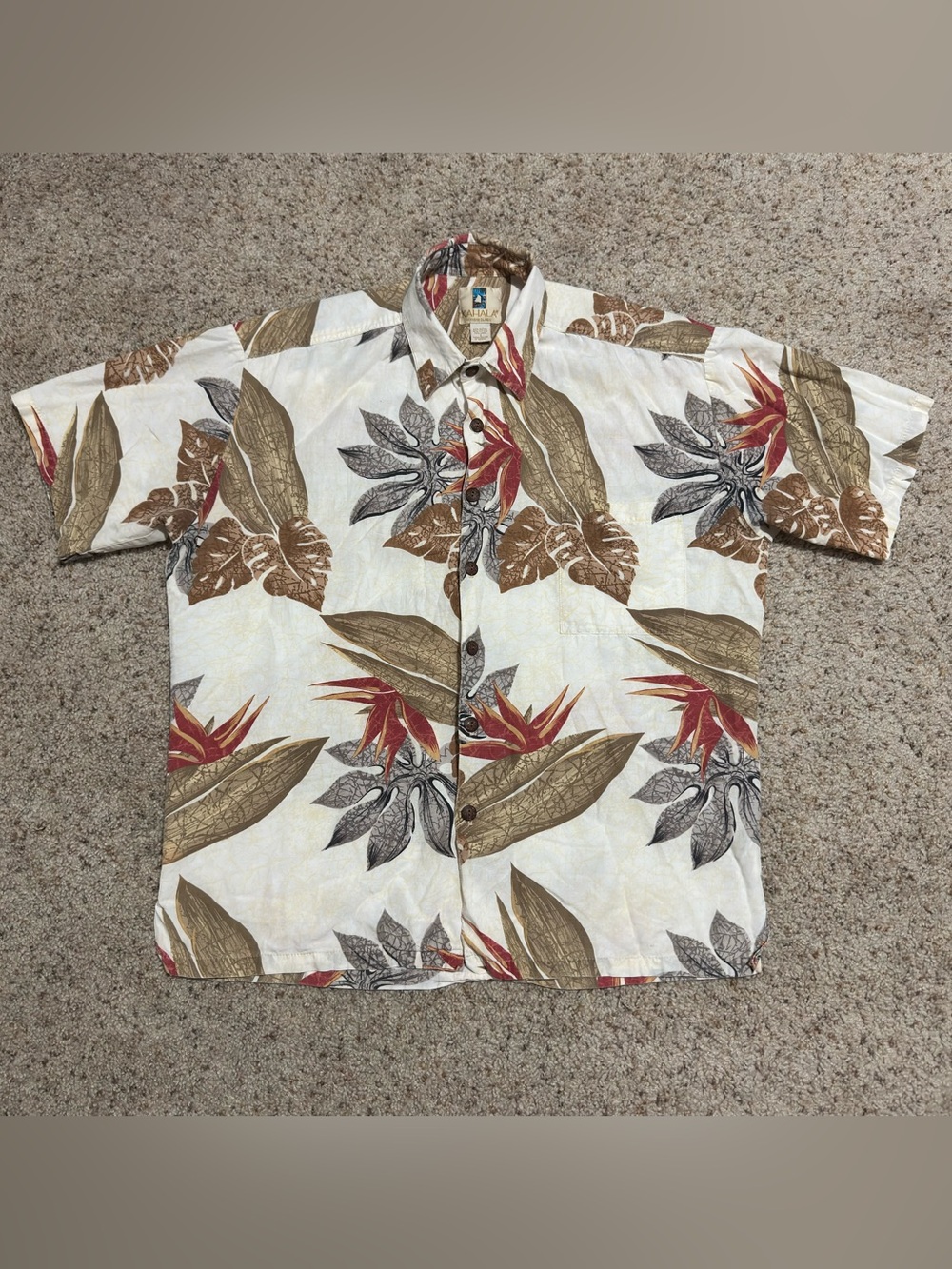 Kahala Hawaiian Shirt Men Tropical Leaves Aloha Rayon Linen Blend Coconut Button